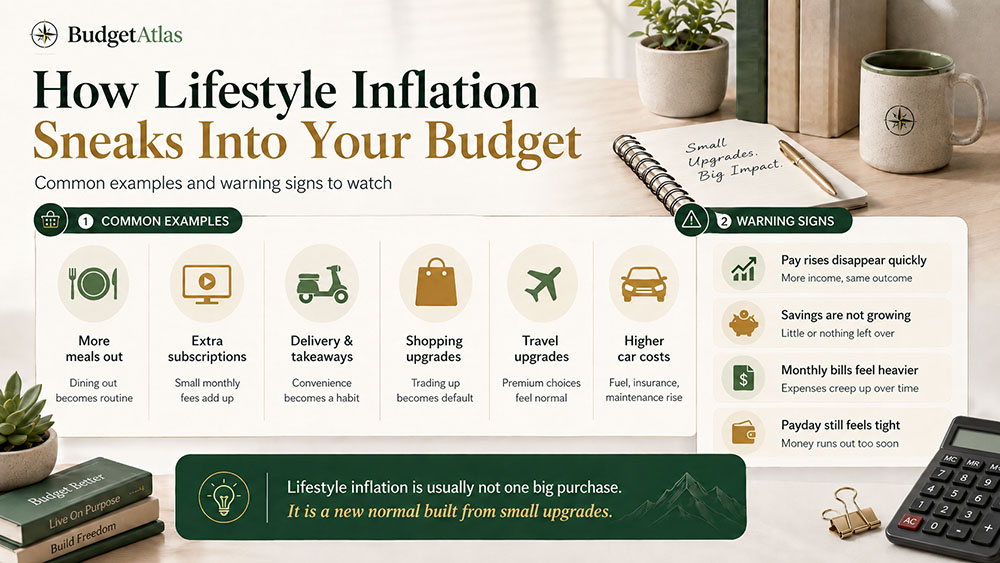 Common examples and warning signs of lifestyle inflation affecting a personal budget.
