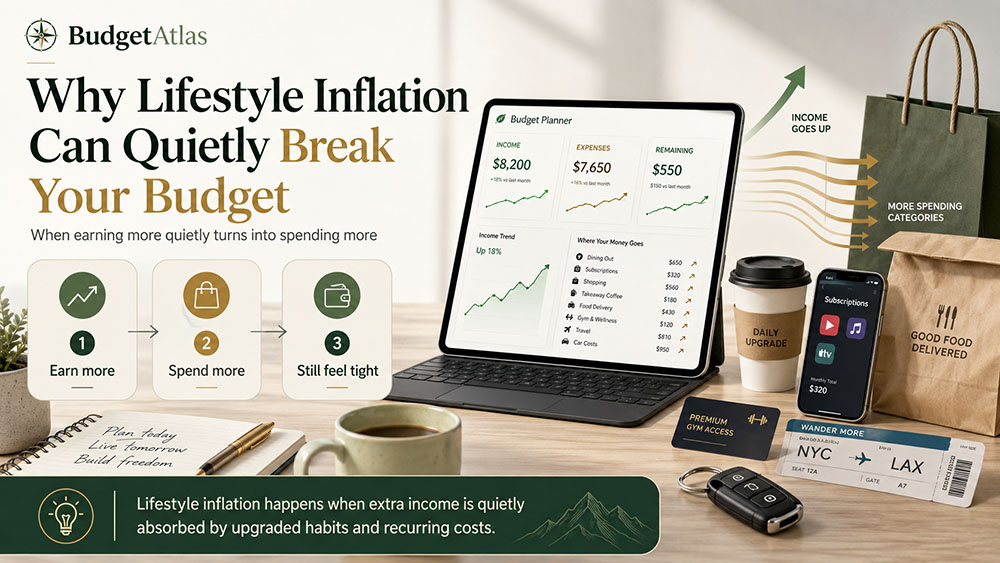 Lifestyle inflation showing income rising while upgraded spending quietly absorbs extra money.